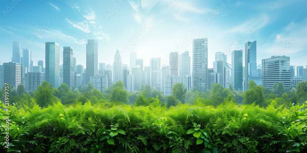 Illustration Of An Ecofriendly Future With Reduced Carbon Emissions And A Green Landscape. Concept Eco-Friendly Future, Reduced Carbon Emissions, Green Landscape, Sustainable Living