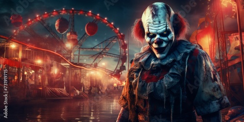 Horror Clown And Creepy Funfair Or Circus A Concept Image Illustrating Evil And Fear. Concept Horror Clown, Creepy Funfair, Circus Of Evil, Fear And Terror, Concept Image