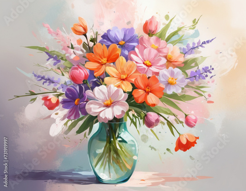 A bouquet of spring flowers in a vase. Watercolor style