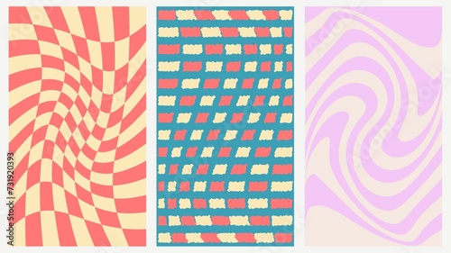 Groovy checkered seamless patterns, vintage aesthetic backgrounds, psychedelic checkerboard texture. Funky hippie fashion textile print, retro background with distorted grid tile vector pattern