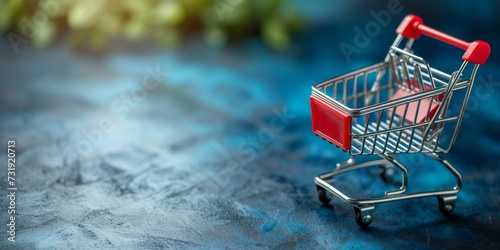 The Representation Of Online Shopping: A Laptop And Shopping Cart On A Blue Background. Concept Online Shopping, Laptop, Shopping Cart, Blue Background photo