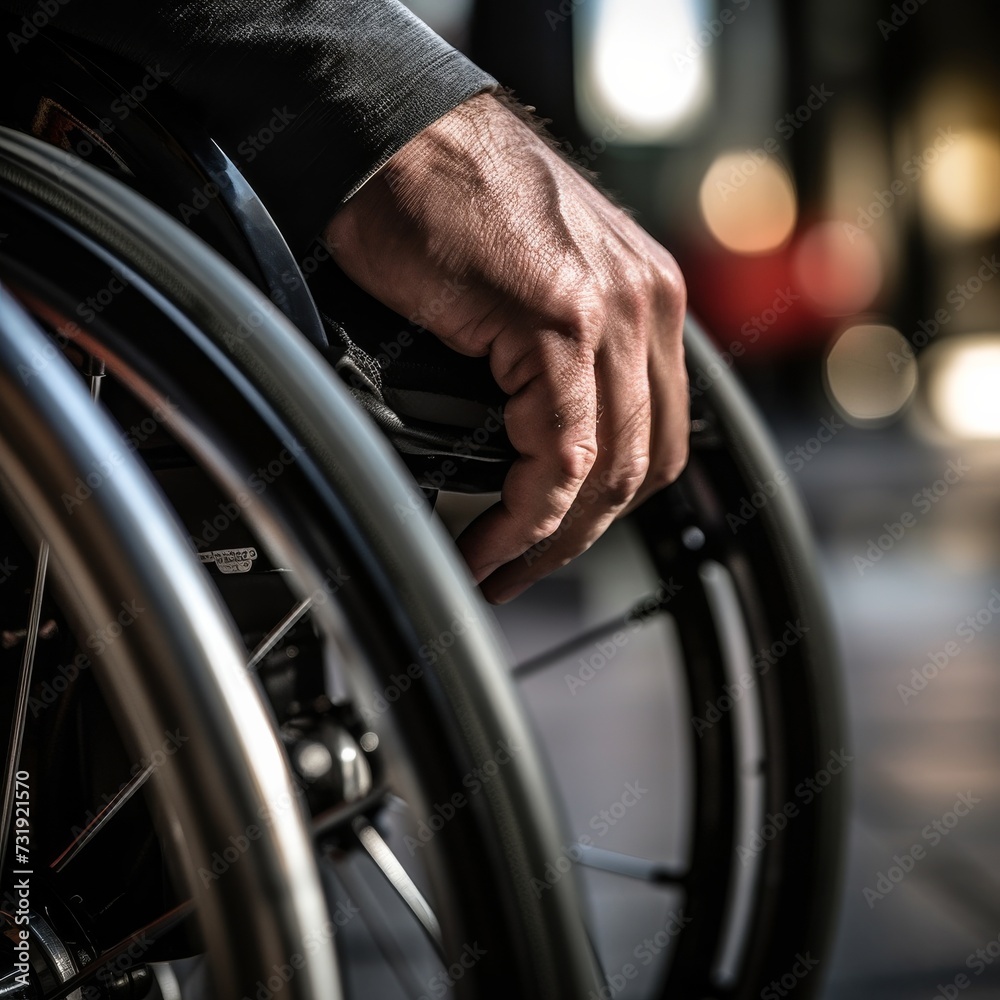Close-up of a person's hand on a wheelchair wheel, possibly related to healthcare Close-up of a person's hand on a wheelchair wheel, possibly related to healthcare