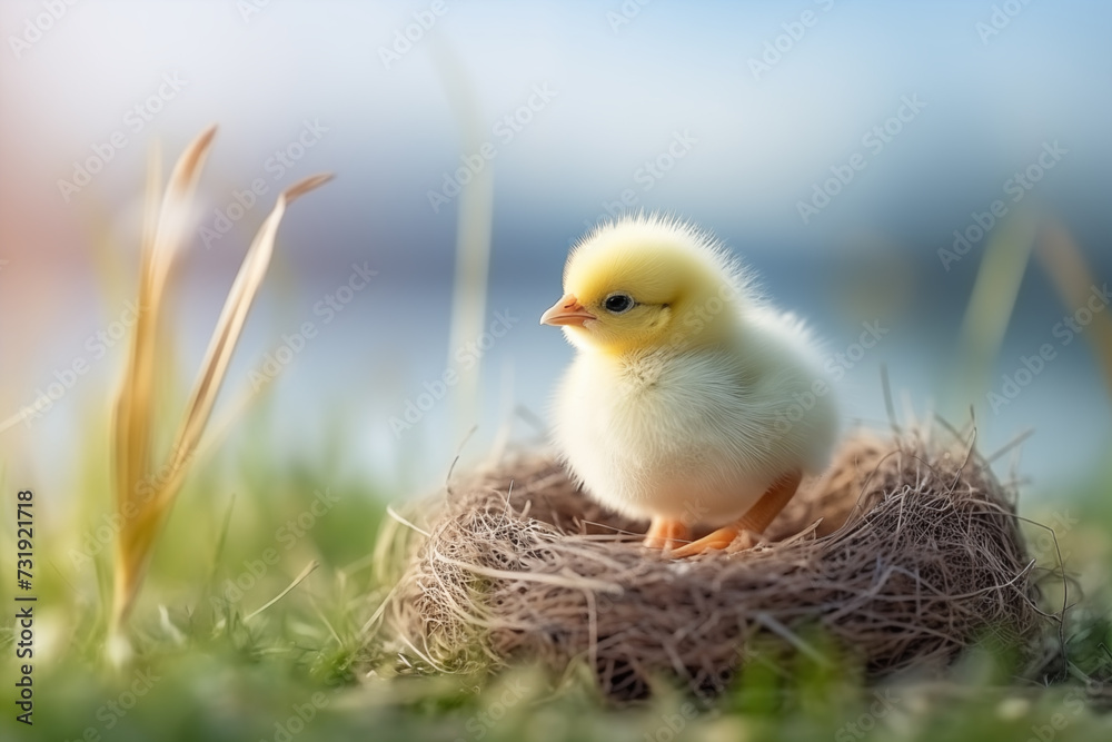 A cute little chick nestled comfortably in its cozy nest