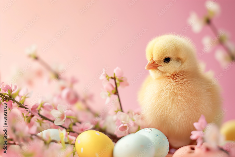 A chick surrounded by Easter eggs on a pink background