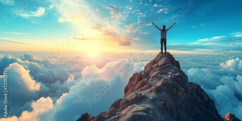 Triumph Atop A Peak An Empowered Man Raises Arms Brimming With Inspiration photo