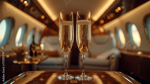 Glasses of champagne on private jet flight. Opulent travel: Champagne glasses gleam capturing the essence of luxury, success, high-flying elegance. Perfect for corporate and lifestyle design projects.