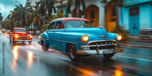 Vintage Blue Car With Headlights On And Red Car In Motion In Rainy Cuba. Concept Vintage Car Photography, Rainy Cuba Captures, Colorful Car Scenes, Dynamic Motion Shots