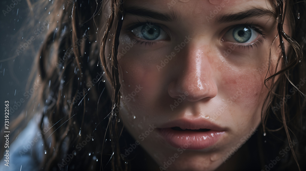 Biblical character. Emotional close up portrait of young woman with blue eyes and wet hair