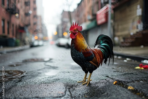 Rooster in the city. A rooster in the middle of an urban street © Tombomumet Studio
