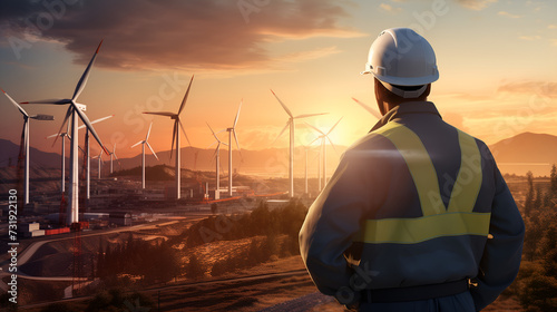 Engineer in reflective vest and hardhat, inspecting tablet with wind turbines in background © Delques