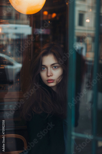 Young woman looking through the glass of a coffee shop