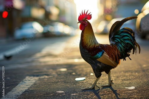 Rooster in the city. A rooster in the middle of an urban street