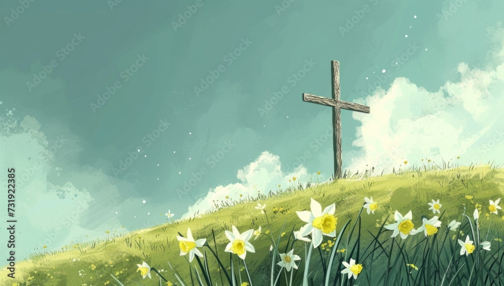 cross at the hill and spring daffodils with spring flowers Generative ...