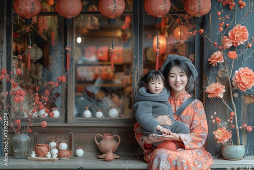 Asian Mother and child in traditional attire by red lanterns and floral decor