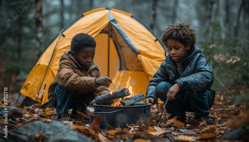 Two black american boys building a fire in a fire pit made out of bucket near the tent in the forest. Starting a campfire- Starting a fire using a fire striker- bushcraft and primitive skills.