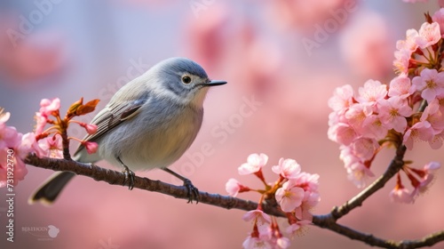 sits perched on a branch of cherry blossom trees © kucret