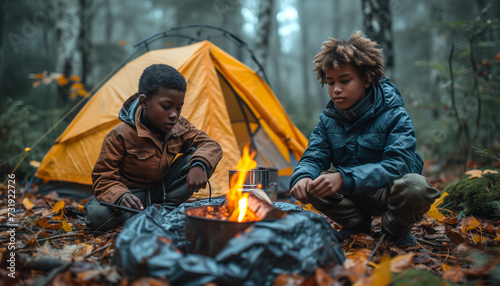 Two black american boys building a fire in a fire pit made out of bucket near the tent in the forest. Starting a campfire- Starting a fire using a fire striker- bushcraft and primitive skills.
