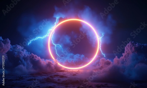 3d rendering, abstract futuristic geometric background with neon ring and stormy cloud over night sky. Round frame with copy space, Generative AI