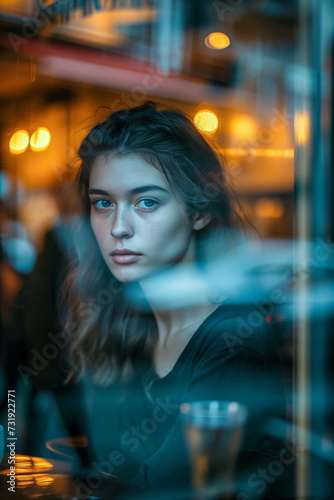 Young woman looking through the glass of a coffee shop
