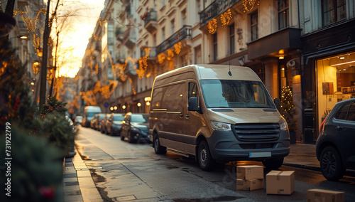 Delivery van parked on a festive street with packages