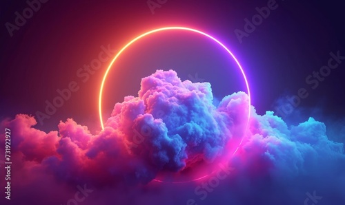 3d render, abstract geometric background of colorful illuminated cloud and glowing neon linear circle, Generative AI