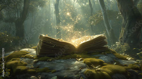 The Holy Bible laying open in a magical forest