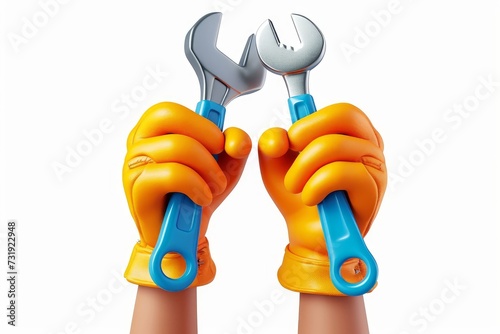 3d render, cartoon tangled flexible human hands hold screwdriver and spanner wrench. Professional electrician or plumber with building tools. Construction worker clip art, Generative AI