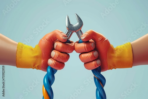 3d render, cartoon tangled flexible human hands hold screwdriver and spanner wrench. Professional electrician or plumber with building tools. Construction worker clip art, Generative AI photo