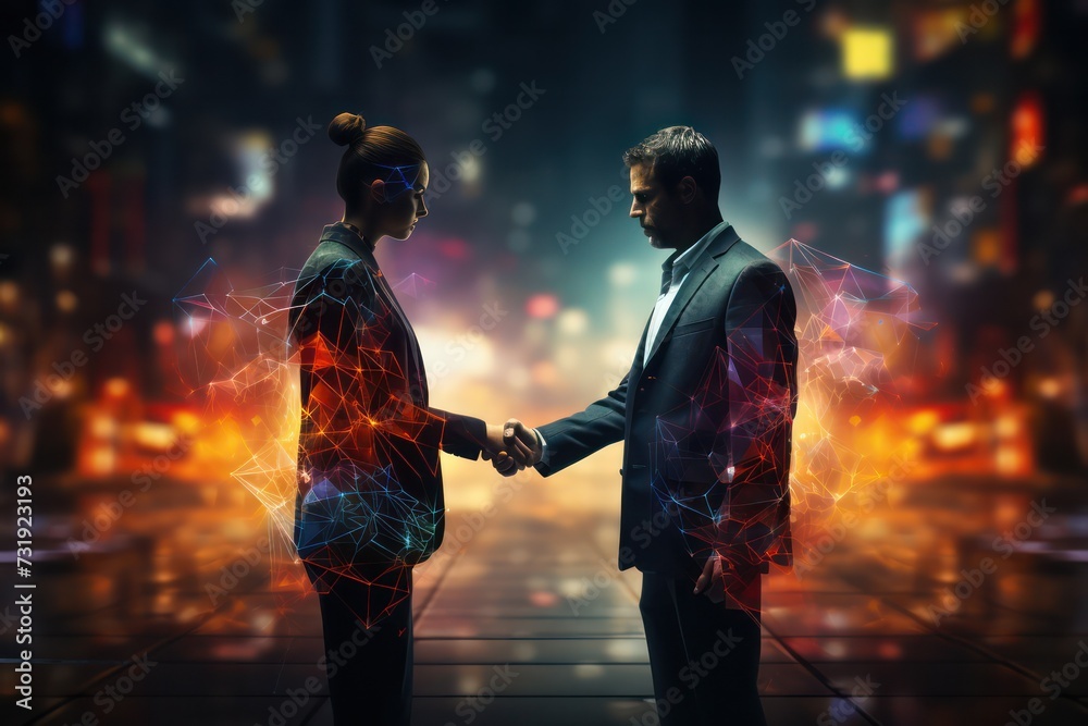 Two business executives shake hands in a strategic partnership, set against a mirrored cityscape.