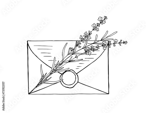 Envelope with wax seal and lavender branch. Vector hand drawn linear sketch style illustration for design. Lavender aesthetics