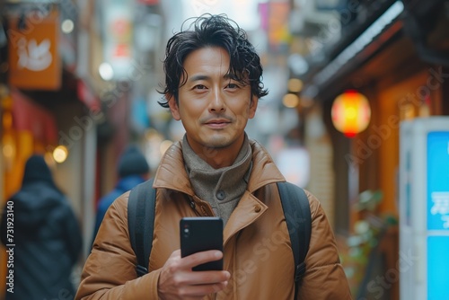 30 year old Japanese businessman look at his smartphone,smaile, happyness, outside, day, business scene. photo
