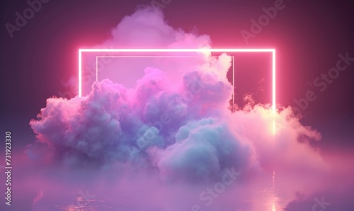 3d rendering, abstract minimalist background of pastel cloud and blank linear square frame glowing with neon light, simple geometric wallpaper, Generative AI