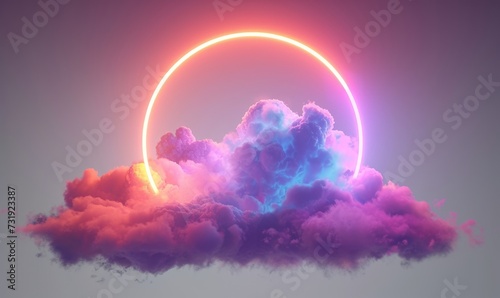 3d render, abstract geometric background, ring shape glows with neon light inside the soft colorful cloud, fantasy sky with blank linear round frame, Generative AI © Reeta