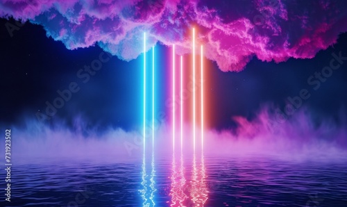 3d render, abstract neon background with cloud, glowing vertical lines and water. Fantastic seascape, Generative AI