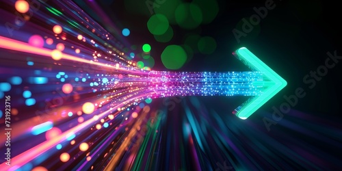 3d render, abstract neon arrow pointing right direction. Telecommunication technology concept. Glowing colorful lines and bokeh lights, Generative AI