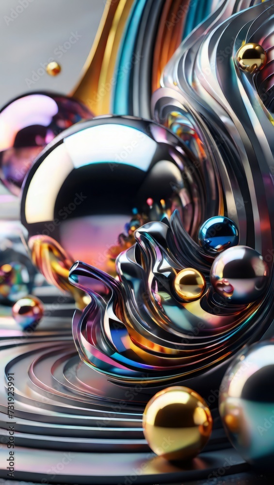The image features a reflective surface with a variety of metallic spheres and swirls in different colors. The background is a gradient of silver to gold.