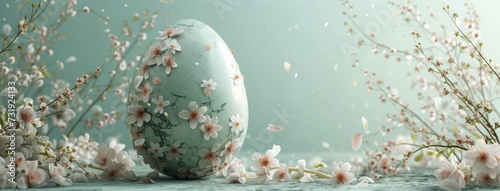 a beautiful pastel green easter egg decorated with white spring flowers, against pastel green background. Copy space. Generative AI