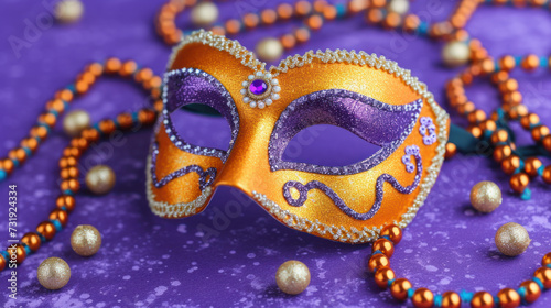 Elegant Mardi Gras Mask with Beads and Glitter on a Purple Background.