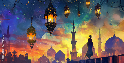 Ramadan Kareem background. Ramadan lanterns with dates and meat, Fantasy landscape with mosque, moon and clouds. 3D illustration