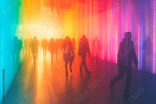silhouettes of people walking in a space in rainbow colors, busy contemporary lifestyle. Generative AI