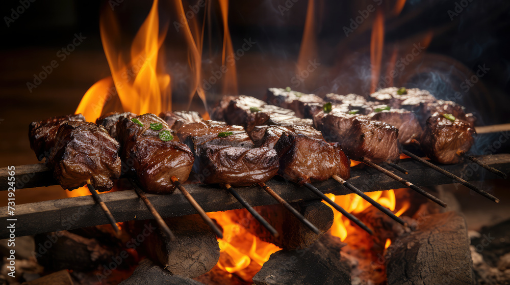 Grilled beef skewer, cooked to perfection on natural wood fire Grilled beef skewer, cooked to perfection on natural wood fire