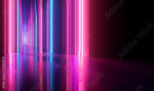 3d render, abstract neon background with pink and blue neon lines and reflection on the floor, Generative AI