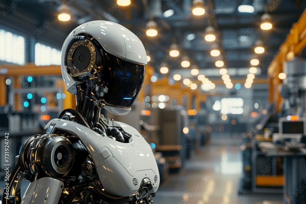 modern robot in the warehouse, factory as a worker, blurred background. Artificial intelect in future life. AI Generated modern robot in the warehouse, factory as a worker, blurred background. Artificial intelect in future life. AI Generated