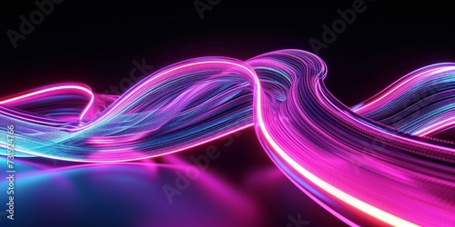 3d render. Abstract neon wallpaper. Glowing lines over black background. Light drawing trajectory, twisted ribbon, Generative AI
