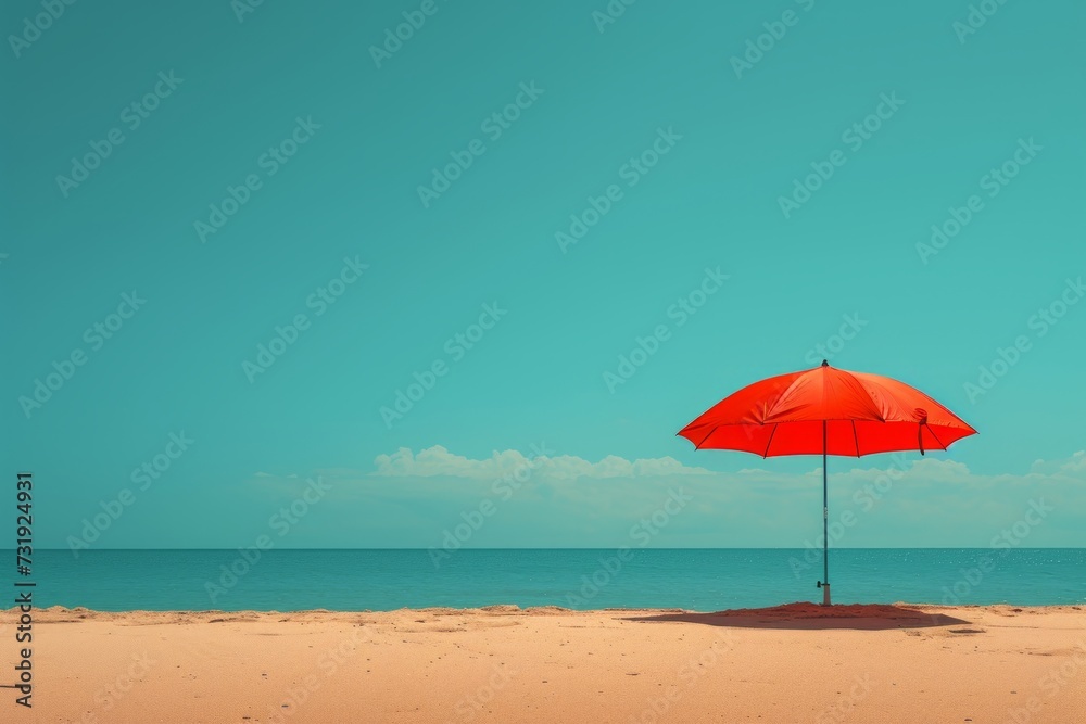 red umbrella on desert sandy beach. Minimal summer leisure concept. Generative AI