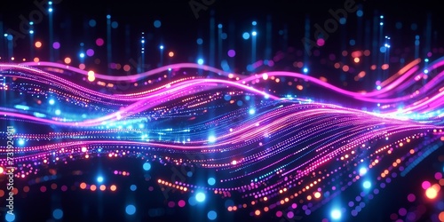 3d render, abstract background with pink blue neon lines glowing in ultraviolet light, and bokeh lights. Data transfer concept. Digital futuristic, Generative AI
