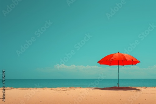 red umbrella on desert sandy beach. Minimal summer leisure concept. Generative AI