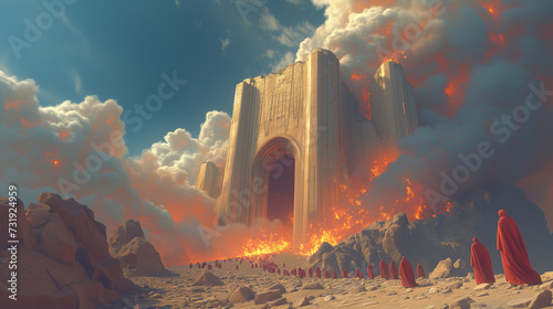 Ancient Biblical temple on fire photo