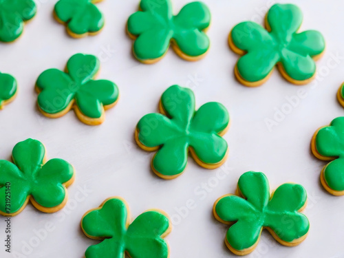 clover-shaped cookies covered with green icing. St.Patrick 's Day