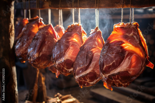Smoked Ham. Culinary nostalgia captured: a rustic scene of ham suspended in a vintage smokehouse, evoking savoury aromas, culinary tradition, and artisanal mastery